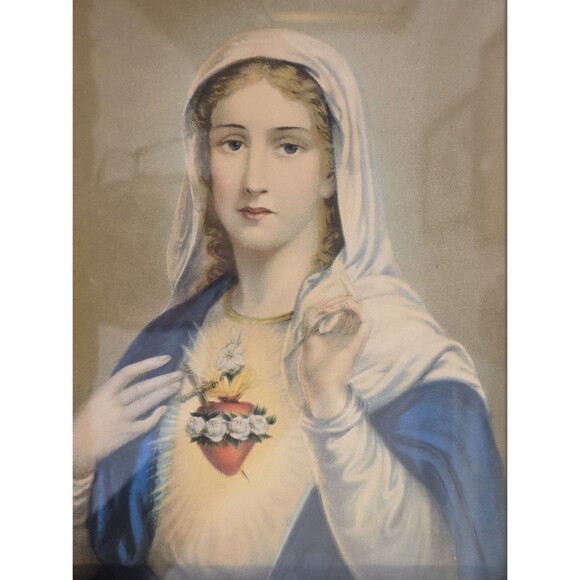 Immaculate Heart of Mary Vintage Framed Lithograph Bradley Religious - Picture 2 of 3